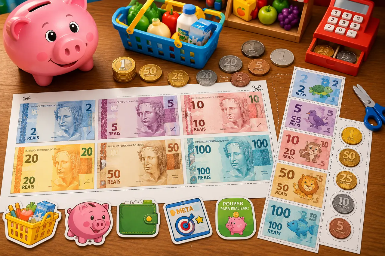 Dinheiro fictício para imprimir com cédulas e moedas para educação financeira infantil